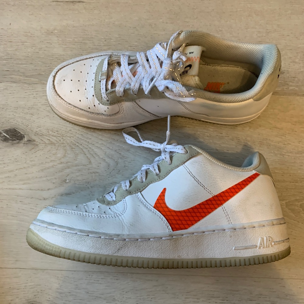 Nike Air Force 1 Low White Orange Grid Swoosh Sneakers Grey Trim